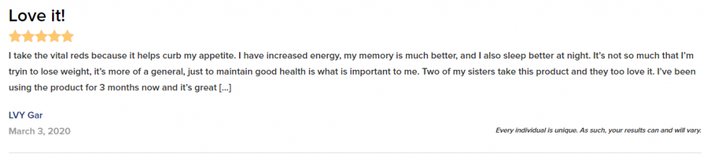 Vital Reds Customer Review from LVY Gar