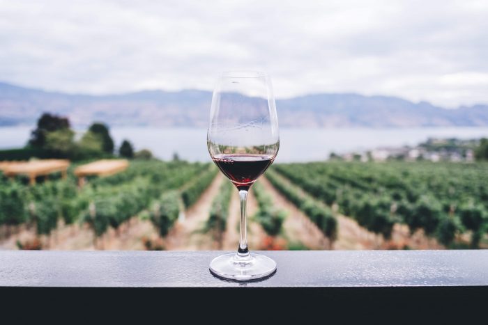 A glass of red wine sitting on a ledge in front of a field.