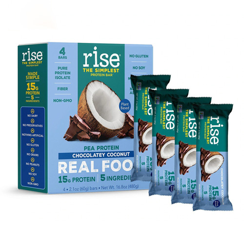 one Chocolatey Coconut Rise Bar 4-pack box with 4 protein bars
